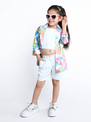 White abstract printed cotton blend co-ord set for kids 4