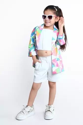 White abstract printed cotton blend co-ord set for kids