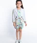 Green embroidered cotton blend co-ord set for kids