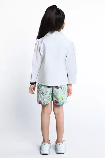 Green embroidered cotton blend co-ord set for kids