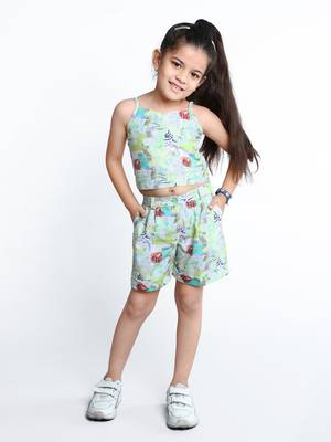 Green embroidered cotton blend co-ord set for kids 3