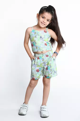 Green embroidered cotton blend co-ord set for kids