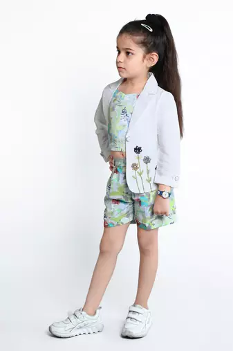 Green embroidered cotton blend co-ord set for kids