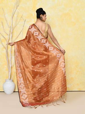 orange dual tone organic tissue jamdani saree with blouse piece 5