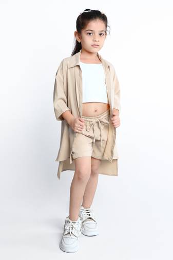 Beige plain cotton oversize co-ord set for kids