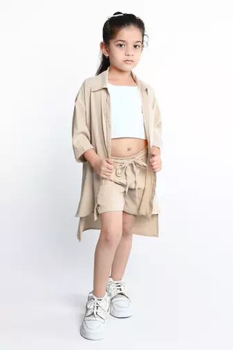 Beige plain cotton oversize co-ord set for kids