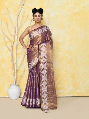 gold blue dual tone organic tissue jamdani saree with blouse piece 1