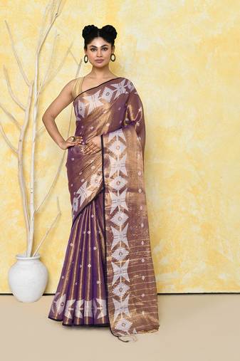 gold blue dual tone organic tissue jamdani saree with blouse piece