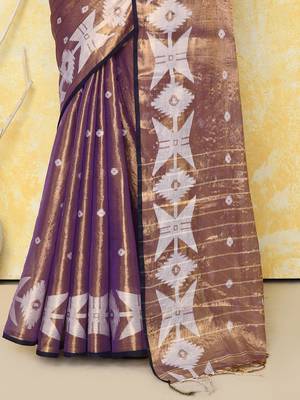 gold blue dual tone organic tissue jamdani saree with blouse piece 2