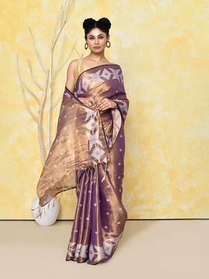 gold blue dual tone organic tissue jamdani saree with blouse piece 3
