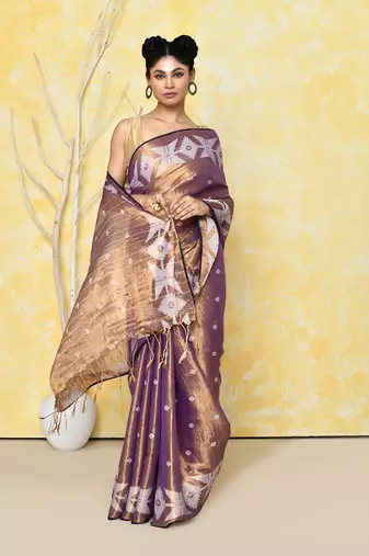 gold blue dual tone organic tissue jamdani saree with blouse piece