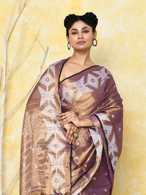 gold blue dual tone organic tissue jamdani saree with blouse piece 4