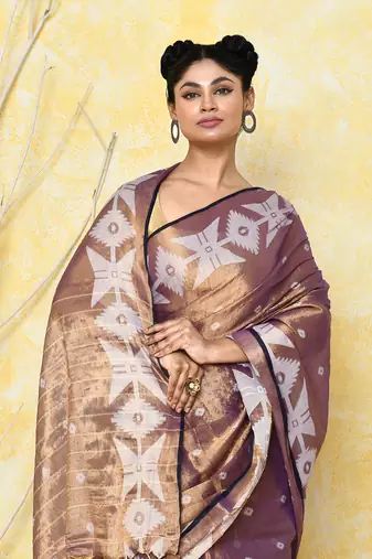 gold blue dual tone organic tissue jamdani saree with blouse piece