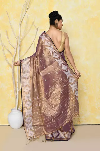 gold blue dual tone organic tissue jamdani saree with blouse piece