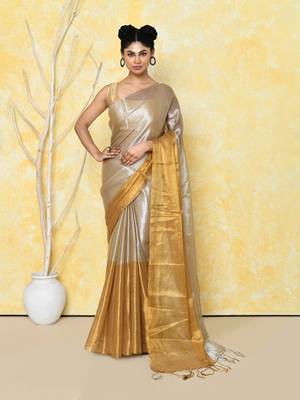 silver gold organic tissue saree with blouse piece 1