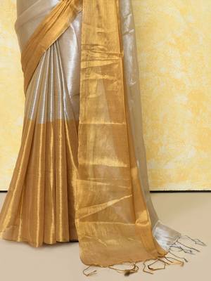 silver gold organic tissue saree with blouse piece 2