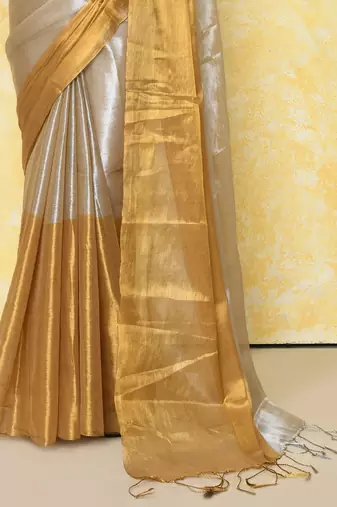 silver gold organic tissue saree with blouse piece