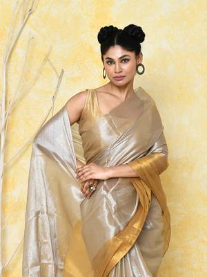 silver gold organic tissue saree with blouse piece 3
