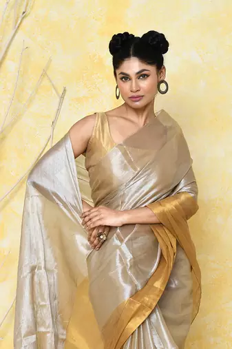 silver gold organic tissue saree with blouse piece