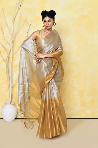 silver gold organic tissue saree with blouse piece