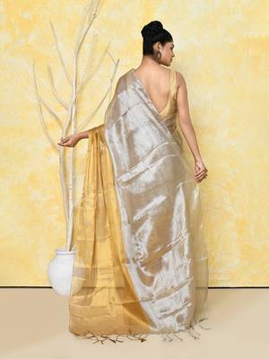 silver gold organic tissue saree with blouse piece 5
