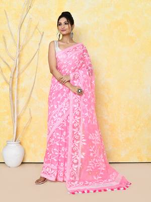 Women's pink cotton silk jamdani saree without blouse 1