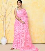 Women's pink cotton silk jamdani saree without blouse