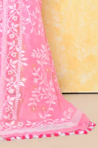 Women's pink cotton silk jamdani saree without blouse