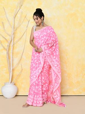 Women's pink cotton silk jamdani saree without blouse 4