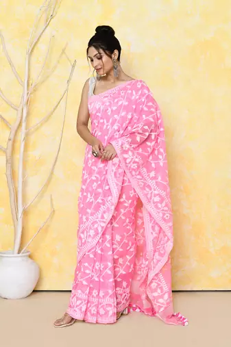 Women's pink cotton silk jamdani saree without blouse