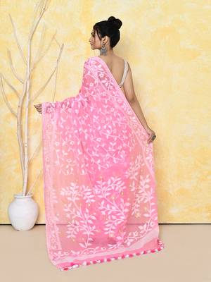 Women's pink cotton silk jamdani saree without blouse 5