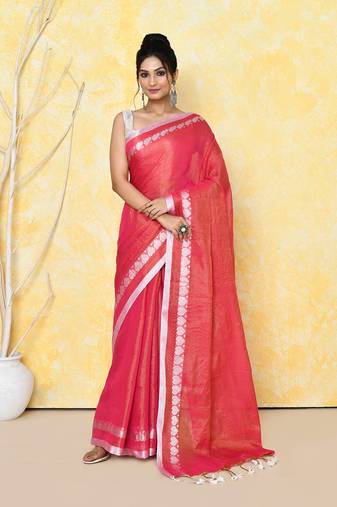 tomato red love border tissue saree with blouse piece