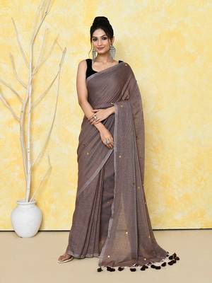 mocha sequin work soft pure cotton saree with blouse piece 1