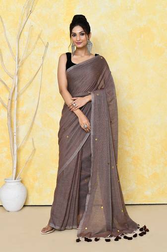 mocha sequin work soft pure cotton saree with blouse piece