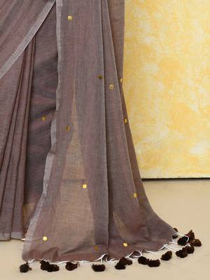 mocha sequin work soft pure cotton saree with blouse piece 3