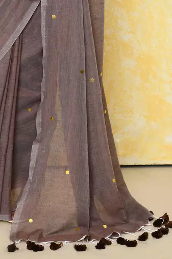 mocha sequin work soft pure cotton saree with blouse piece
