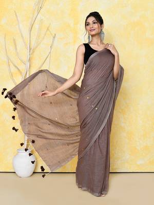 mocha sequin work soft pure cotton saree with blouse piece 5