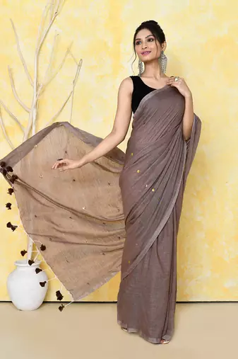 mocha sequin work soft pure cotton saree with blouse piece