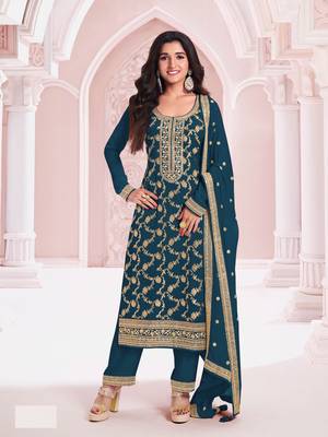 Blue color pure jacquard viscose ceremonial salwar kameez 1