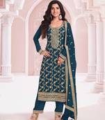 Blue color pure jacquard viscose ceremonial salwar kameez