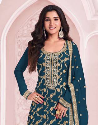 Blue color pure jacquard viscose ceremonial salwar kameez 2