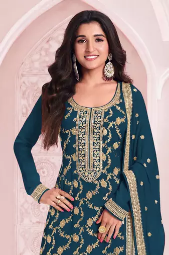 Blue color pure jacquard viscose ceremonial salwar kameez