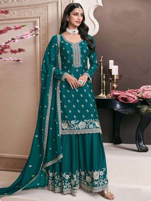 Rama color chinon fabric heavy embroidery work heavy palazzo dress 1