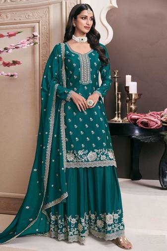 Rama color chinon fabric heavy designer embroidery work heavy palazzo dress