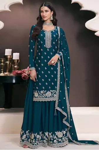 Teal blue color chinon fabric heavy designer embroidery work heavy palazzo dress