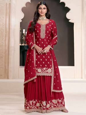 Red color chinon fabric heavy embroidery work heavy palazzo dress 1