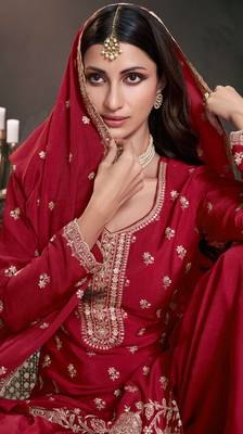 Red color chinon fabric heavy embroidery work heavy palazzo dress 2