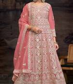 Gajari color designer net fabric beautiful anarkali dress for wedding looks