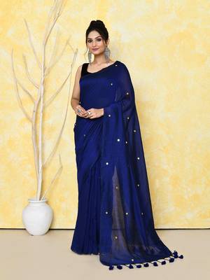 blue sequin work soft pure cotton saree with blouse piece 1