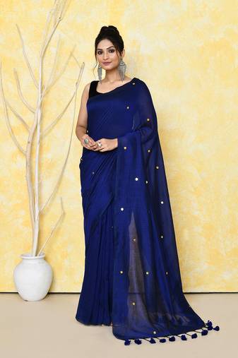 blue sequin work soft pure cotton saree with blouse piece